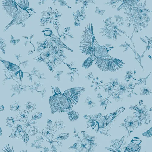Vogel- und Blumenmuster auf blauem Hintergrund, ideal für Stoffe und Wandpapiere von Hotel Stadt Hamburg GmbH